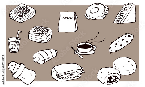 手描きのパンと飲み物のイラストセット