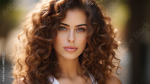 Close up of a confident woman with curly hair, looking at the camera, 