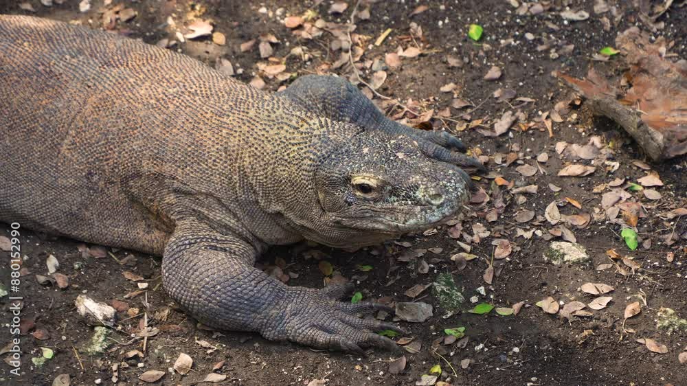 Komodo Dragon (Varanus komodoensis) Sticking out Tongue While Staring at Camera Lens in Jungle Forest in Indonesia - High Angle Portrait in Slow Motion Komodo Dragon (Varanus komodoensis) Sticking out Tongue While Staring at Camera Lens in Jungle Forest in Indonesia - High Angle Portrait in Slow Motion