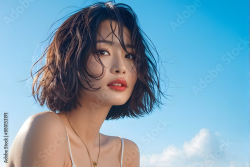 A woman with short hair and a necklace is looking out at the blue sky
