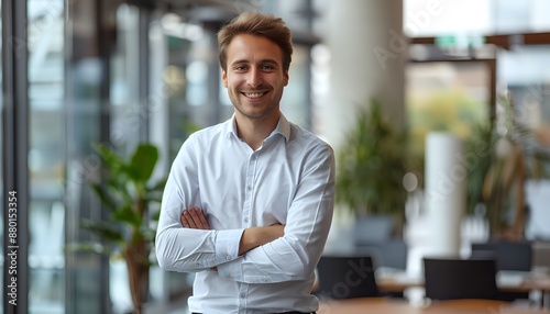 Confident businessman standing in a modern office.