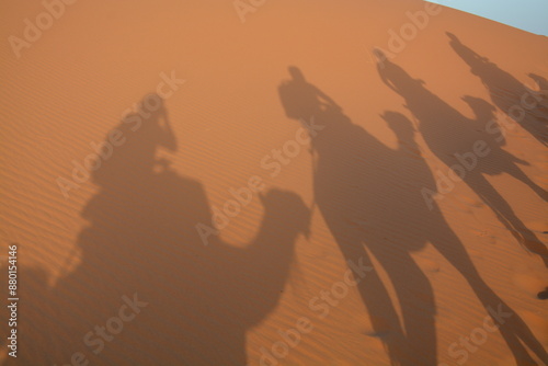 Shadow of travelers in caravan in the desert