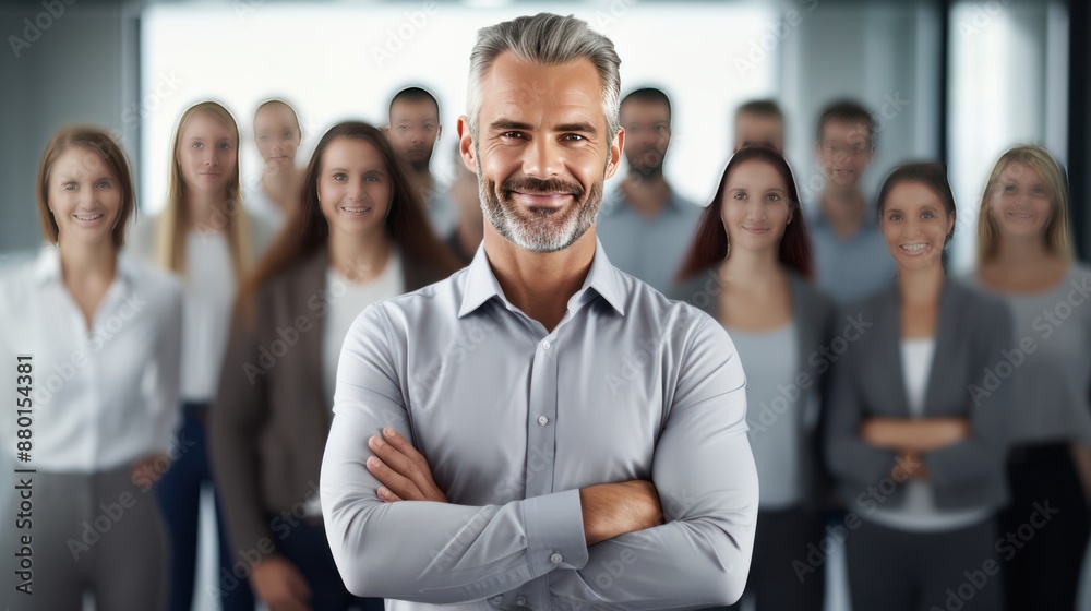 Confident businessman standing with his diverse team Confident businessman standing with his diverse team