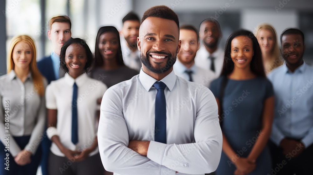Confident businessman standing with his diverse team Confident businessman standing with his diverse team