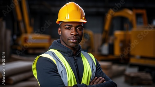 Confident black male engineer with arms crossed at a construction site 