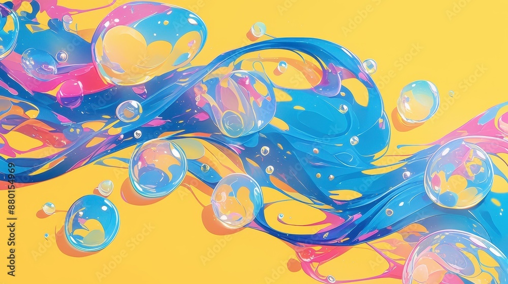 Vibrant Abstract Art with Colorful Swirls and Bubbles on Yellow Background Vibrant Abstract Art with Colorful Swirls and Bubbles on Yellow Background