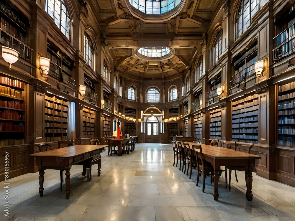 A large and luxurious library with tables and chairs with a large fireplace in the center A large and luxurious library with tables and chairs with a large fireplace in the center