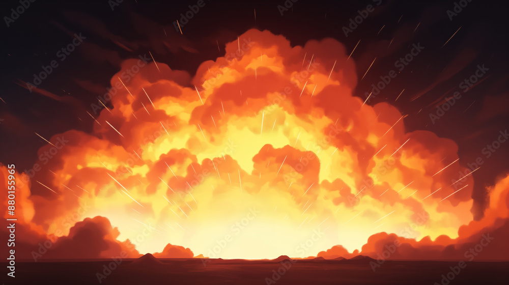 Naklejka premium Large orange fireball explosion over water at sunset illustration.