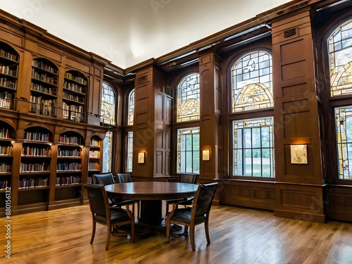 A large and luxurious library with tables and chairs with a large fireplace in the center