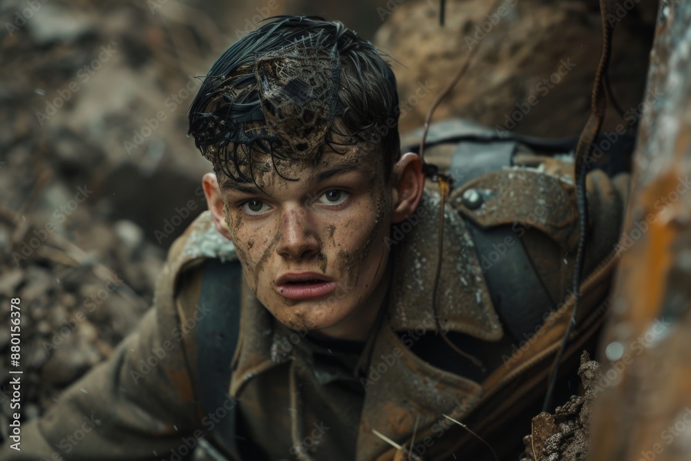 Fototapeta premium Young Soldier Covered in Mud.