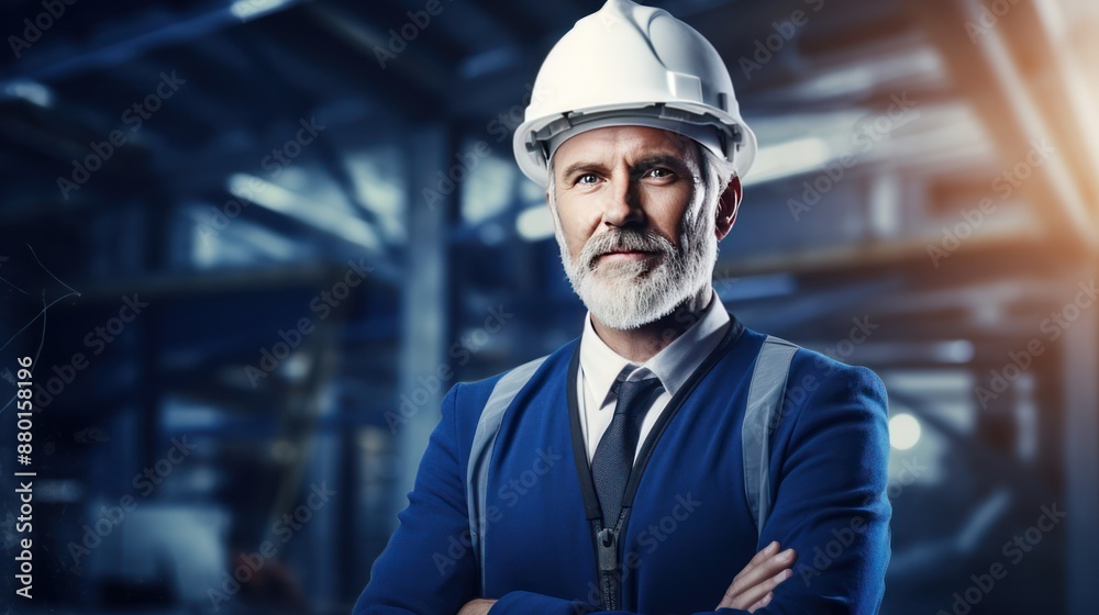Handsome senior engineer at construction site with blueprints Handsome senior engineer at construction site with blueprints