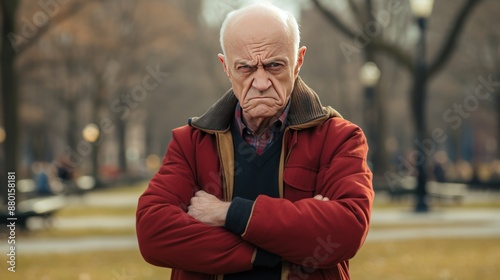 Grumpy elderly man crossing arms photo