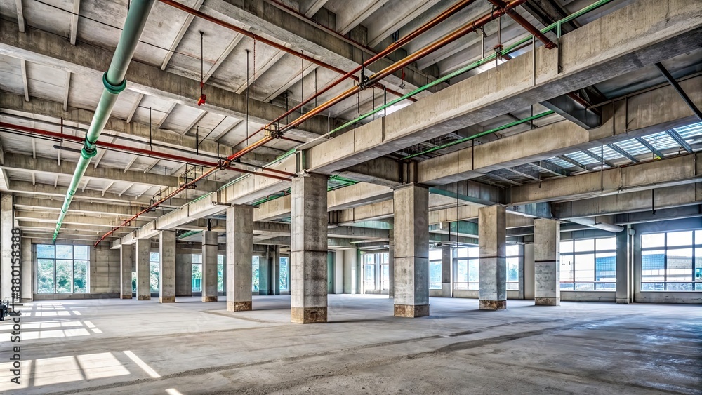 Interior of an unfinished concrete building with exposed beams and pipes, construction, architecture, interior design Interior of an unfinished concrete building with exposed beams and pipes, construction, architecture, interior design