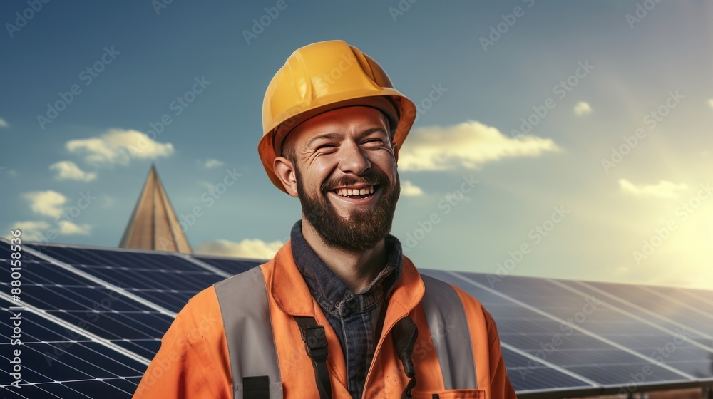Happy engineer in reflective vest, solar panels behind, Happy engineer in reflective vest, solar panels behind,