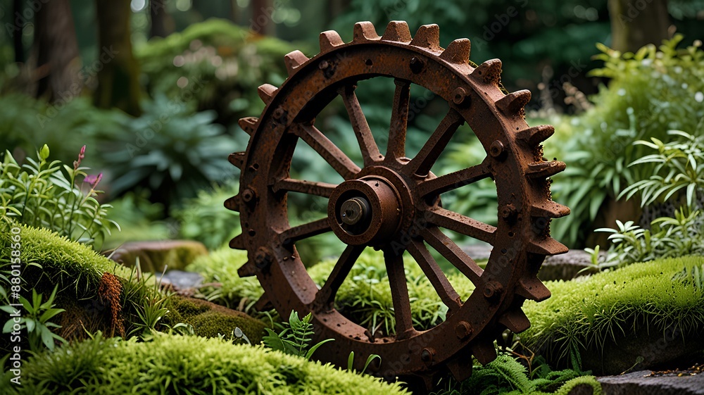 Picture of Large Rusty Gearwheel in an Old Garden with Moss Growing Around Picture of Large Rusty Gearwheel in an Old Garden with Moss Growing Around