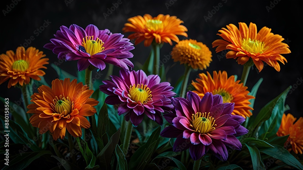 Fototapeta premium Picture of Poisonous Flowers in Bright Colors Against a Dark Background