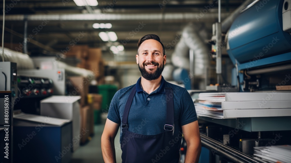 Happy printing factory owner standing proudly in industrial Happy printing factory owner standing proudly in industrial
