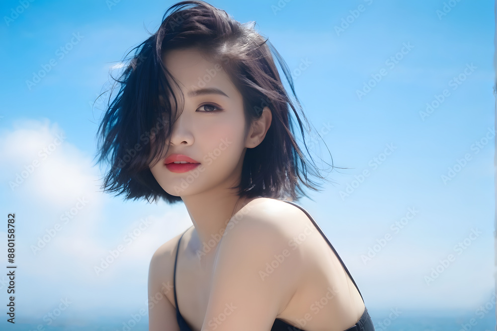 A woman with short hair and a black tank top is sitting on a beach A woman with short hair and a black tank top is sitting on a beach