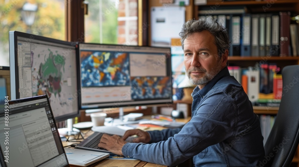 Airport meteorologists monitor radar displays in office. Weather forecast in office.