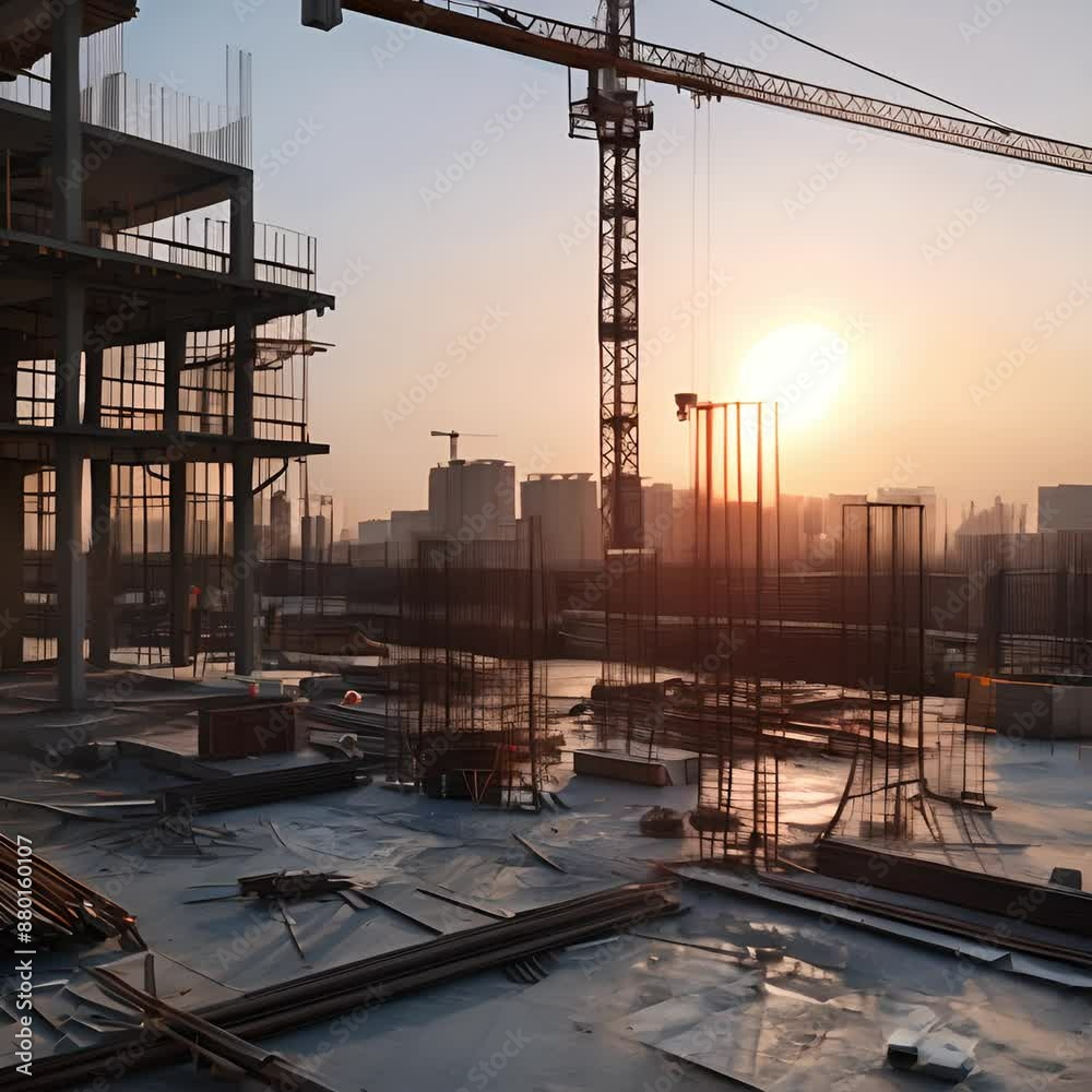 Urban Sunrise: Construction Site Awakens with Cranes and Steel Urban Sunrise: Construction Site Awakens with Cranes and Steel