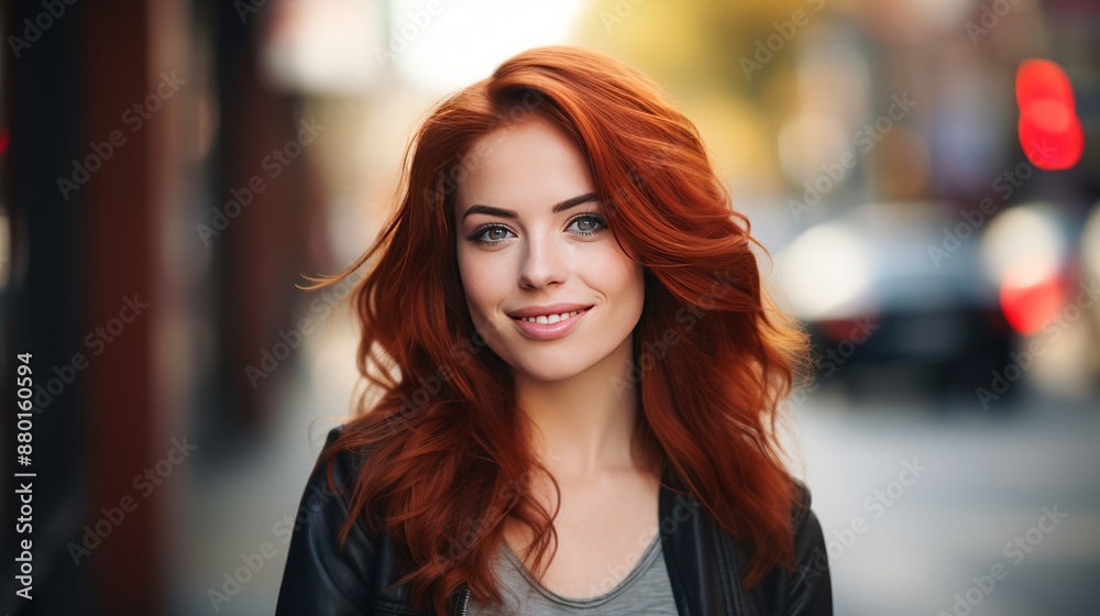 Fototapeta premium woman with red hair, urban outdoor setting,