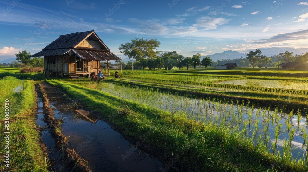Fototapeta premium Rural Landscape with Rice Paddies and a Small Hut