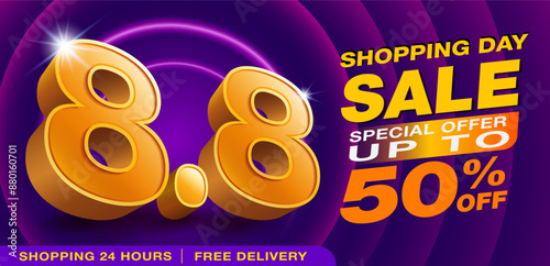 8.8 Promotional banner template. 3D text number 8 on a dark background and neon LED lights. Special offer campaign up to 50% off. Designed for advertising. Social media, online shopping, Vector file.