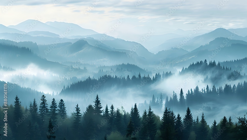 Misty Mountain Landscape with Silhouetted Trees. Misty Mountain Landscape with Silhouetted Trees.