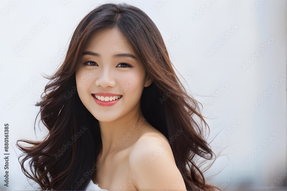 A woman with long brown hair is smiling and looking at the camera A woman with long brown hair is smiling and looking at the camera
