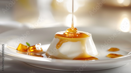 Product Portfolio of Yogurt and Honey Panna Cotta in a Small Dish Garnished with a Honey Drizzle on a Cool, Clean Background: Studio Shot for Commercial Photography