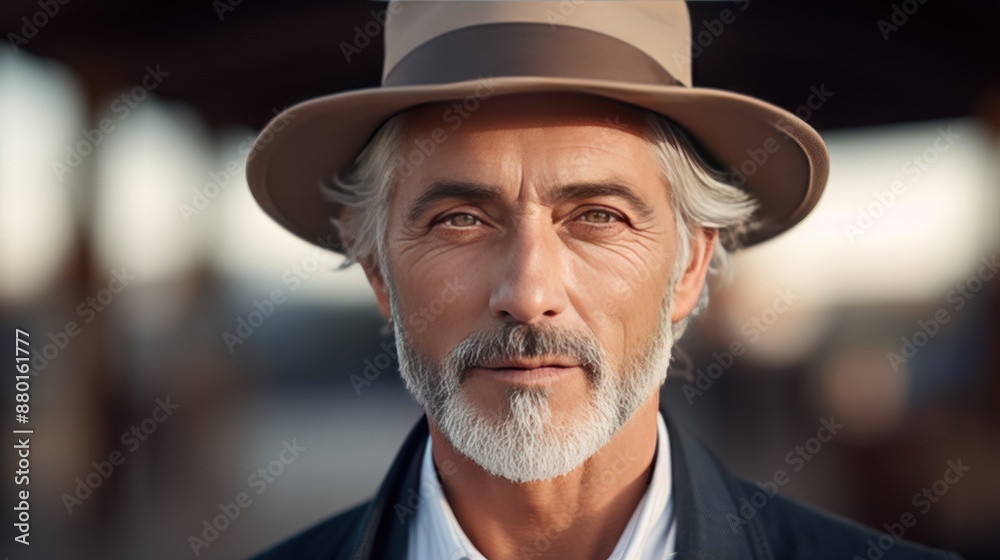 Portrait of a dignified grey-haired man in a stylish hat looking Portrait of a dignified grey-haired man in a stylish hat looking
