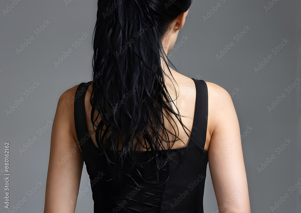 Naklejka premium A woman with long black hair is wearing a black tank top