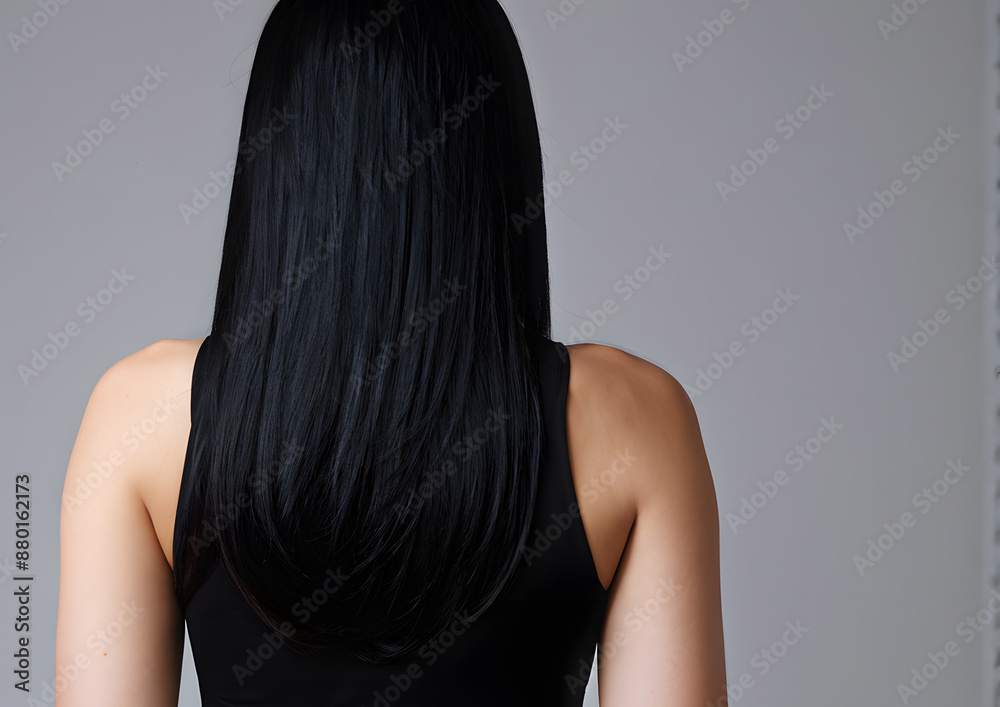 Naklejka premium A woman with long black hair is standing in front of a white wall