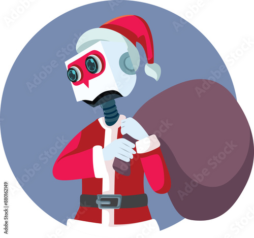 Robot Santa Holding a Bag of Gifts Vector Cartoon Illustration. Cheerful android dressed up as Santa Claus 
