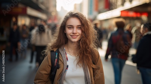 Portrait of teenage girl in casual outfit in bustling city 