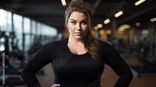 Young plus size Caucasian woman in stylish black activewear