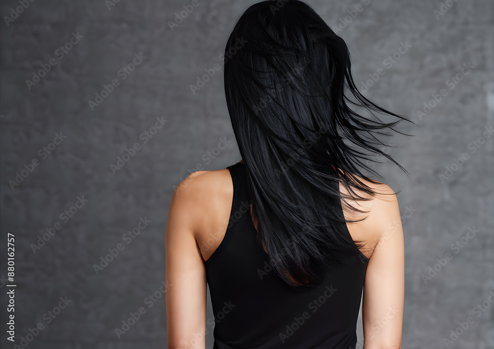 A woman with long black hair is standing in front of a grey wall A woman with long black hair is standing in front of a grey wall