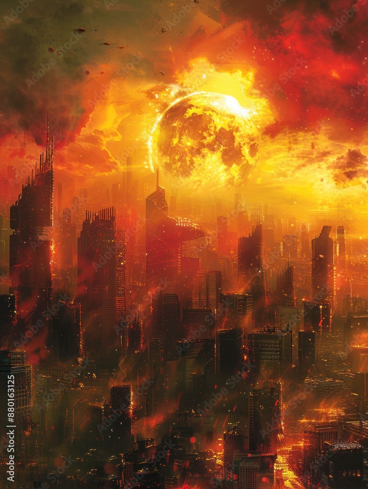 Dystopian cityscape engulfed in fiery chaos under a burning sky ...