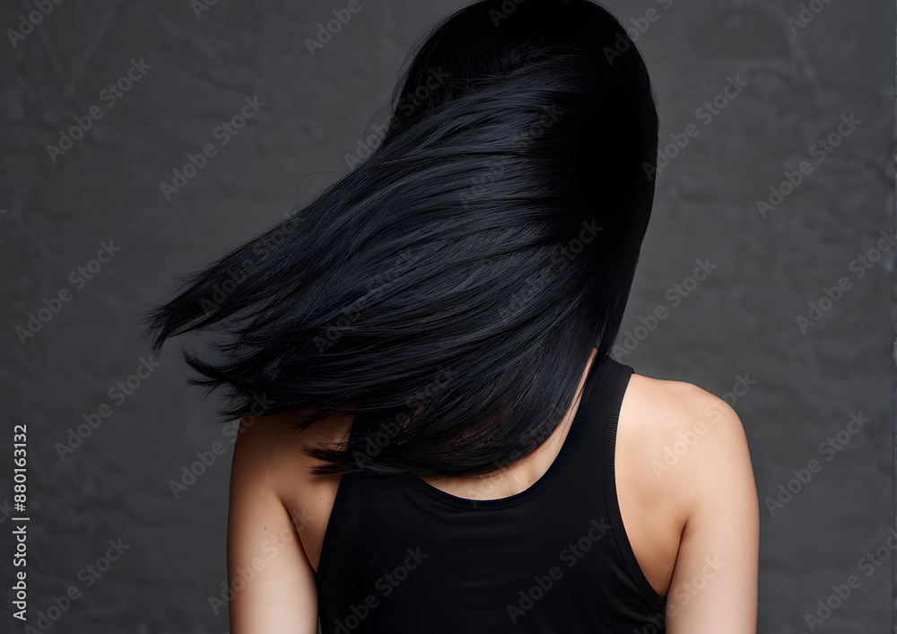 A woman with long black hair is shown with her back to the camera A woman with long black hair is shown with her back to the camera