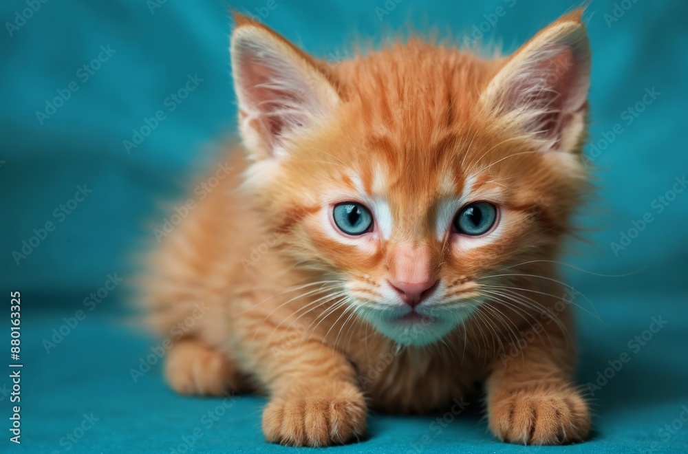 Fototapeta premium Orange ginger kitten with blue eyes lying on turquoise background