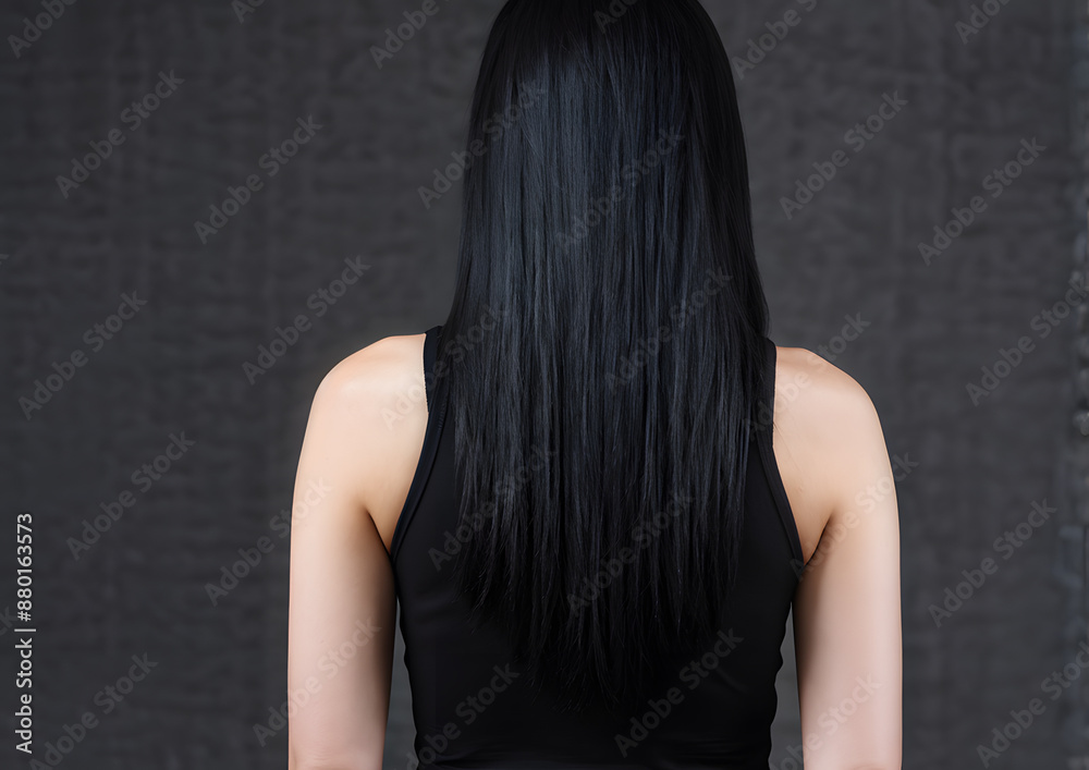 Naklejka premium A woman with long black hair is standing in front of a wall