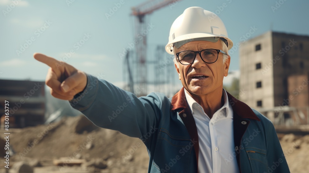 Senior male engineer pointing at construction site Senior male engineer pointing at construction site