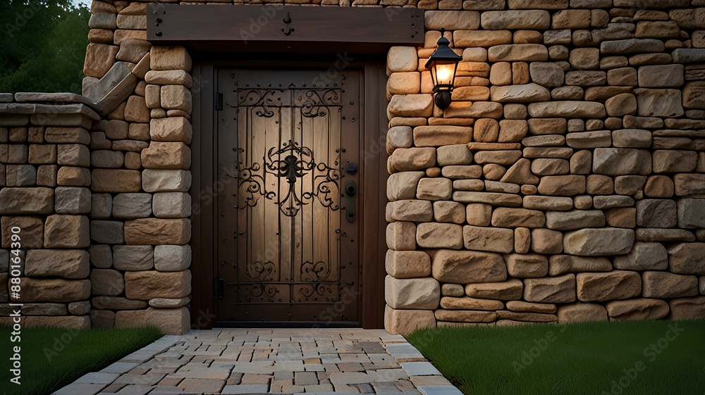 Fototapeta premium Picture of a Hidden Secret Door in a Stone Wall with a Complex Lock Mechanism