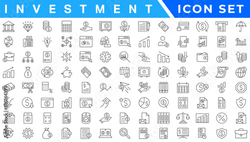 Investment line icon set. Investment, Profit, Asset, Investor, Portfolio, Dividend, Capital, Risk, Inflation icons vector