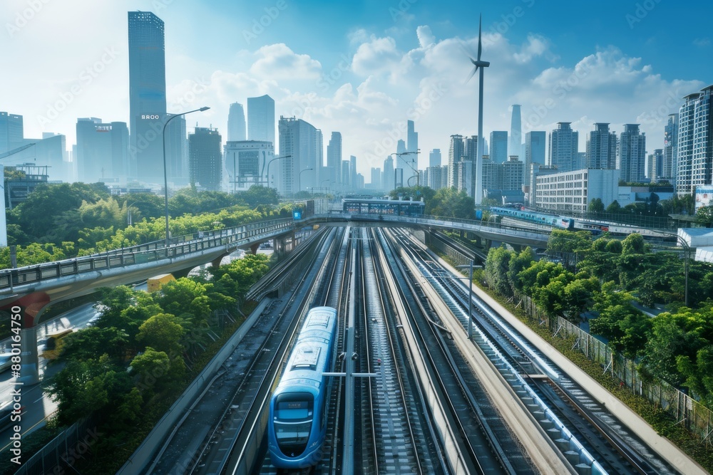 Obraz premium Urban Landscape with Train Tracks and Skyscrapers