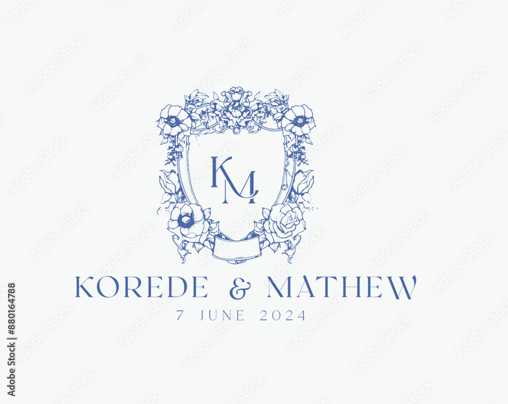 Wedding logo crests vector design royal style blue color illustration monogram crest design with KM initial surrounded by baroque style intricate motifs Wedding logo crests vector design royal style blue color illustration monogram crest design with KM initial surrounded by baroque style intricate motifs