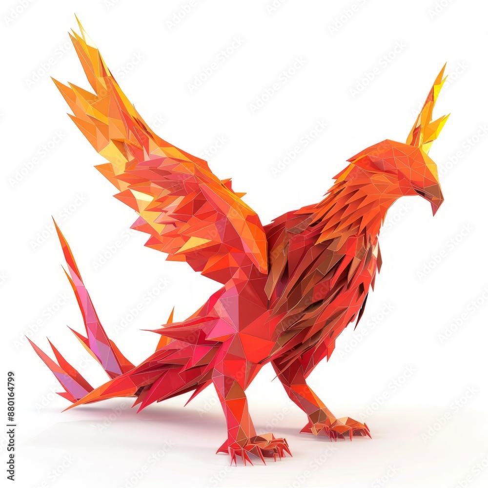 Obraz premium 3D Render, Low Poly style of a phoenix firebird, on isolated white background, Generative AI