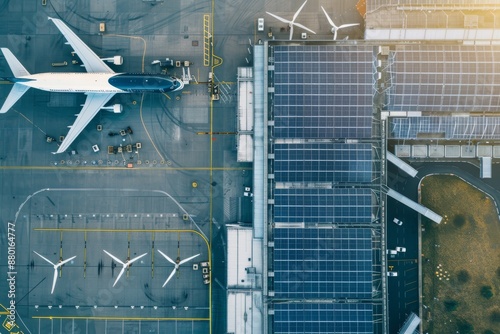 Airplane Parked at a Modern Airport with Solar Panels