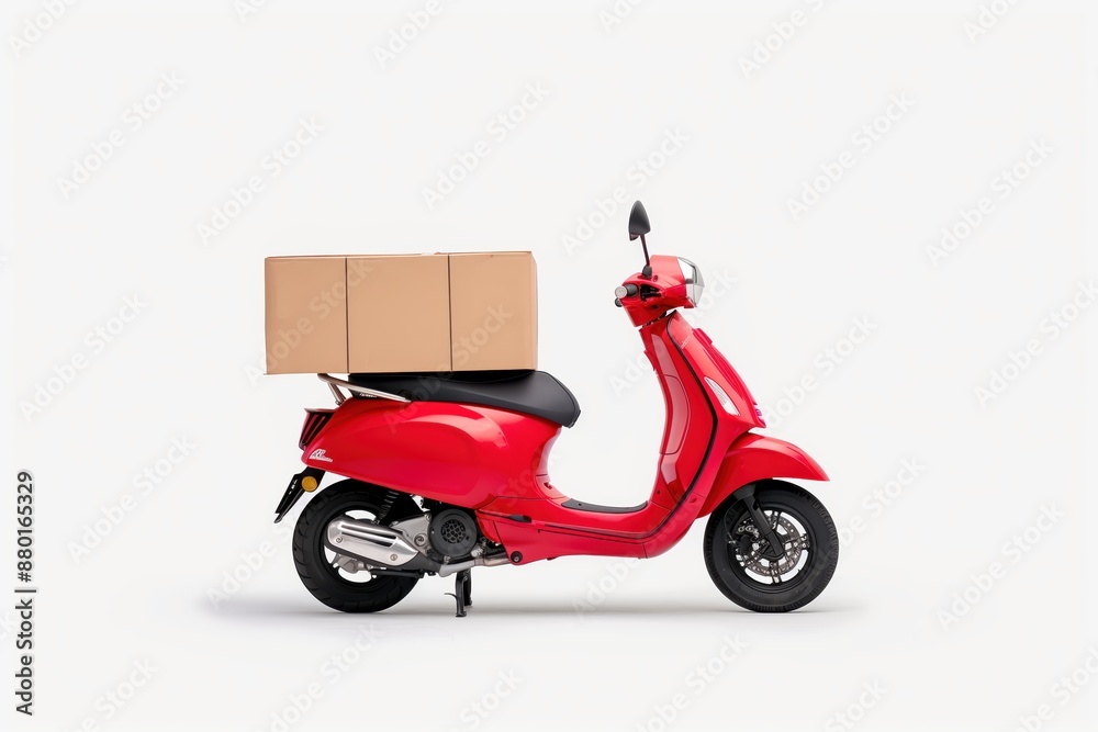 Red scooter with cardboard boxes on white background, delivery transport concept Red scooter with cardboard boxes on white background, delivery transport concept