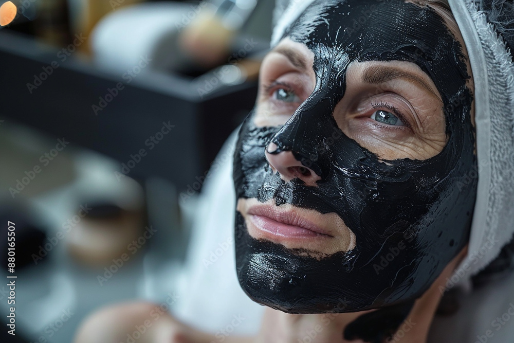 A woman with a black facial mask applied, lying down in a spa setting. A woman with a black facial mask applied, lying down in a spa setting.